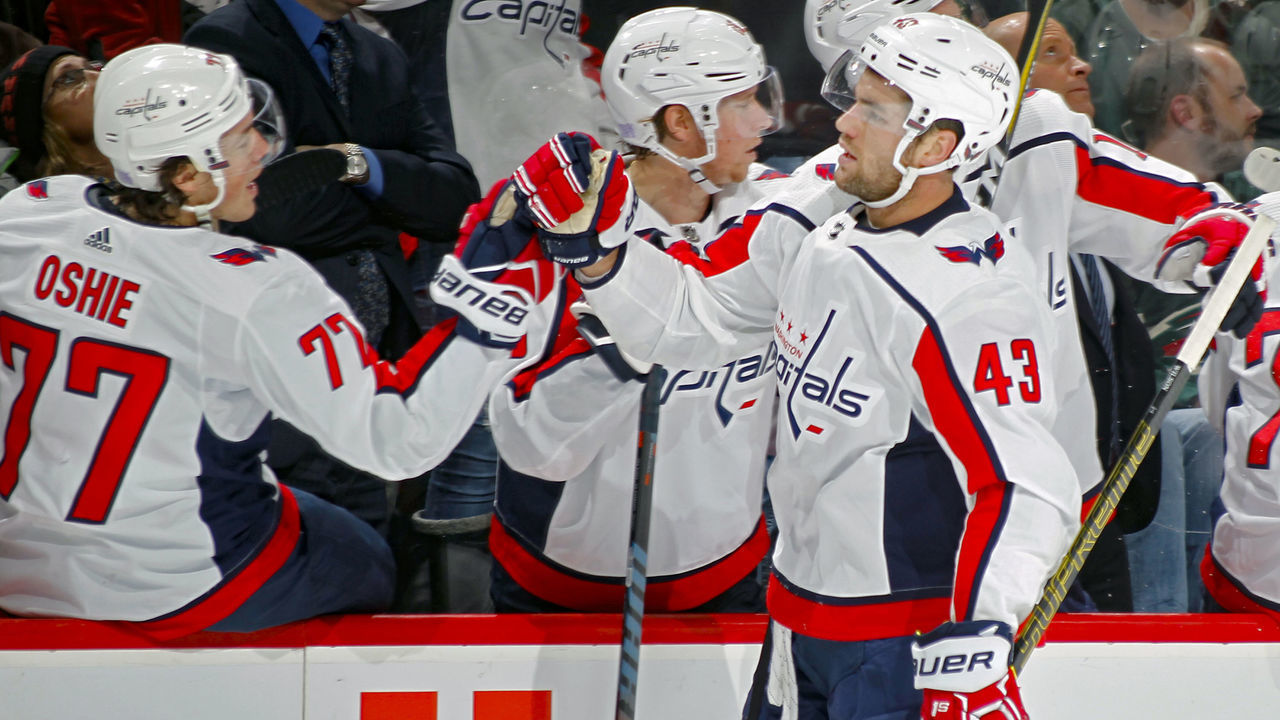 ST. PAUL, MN - NOVEMBER 13: Tom Wilson #43 of the Washington Capitals celebrates his 1st period goal with T.J. Oshie #77 of the Washington Capitals during a game between the Minnesota Wild and Washington Capitals at Xcel Energy Center on November 13, 2018 in St. Paul, Minnesota.