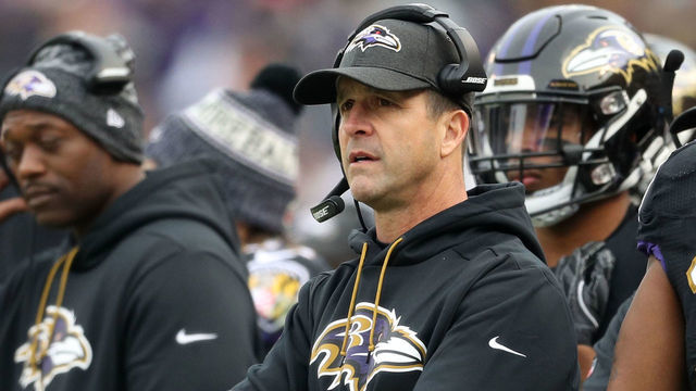 BALTIMORE, MD - NOVEMBER 18: Head Coach John Harbaugh of the Baltimore Ravens looks on from the sidelines in the second quarter against the Cincinnati Bengals at M&T Bank Stadium on November 18, 2018 in Baltimore, Maryland.
