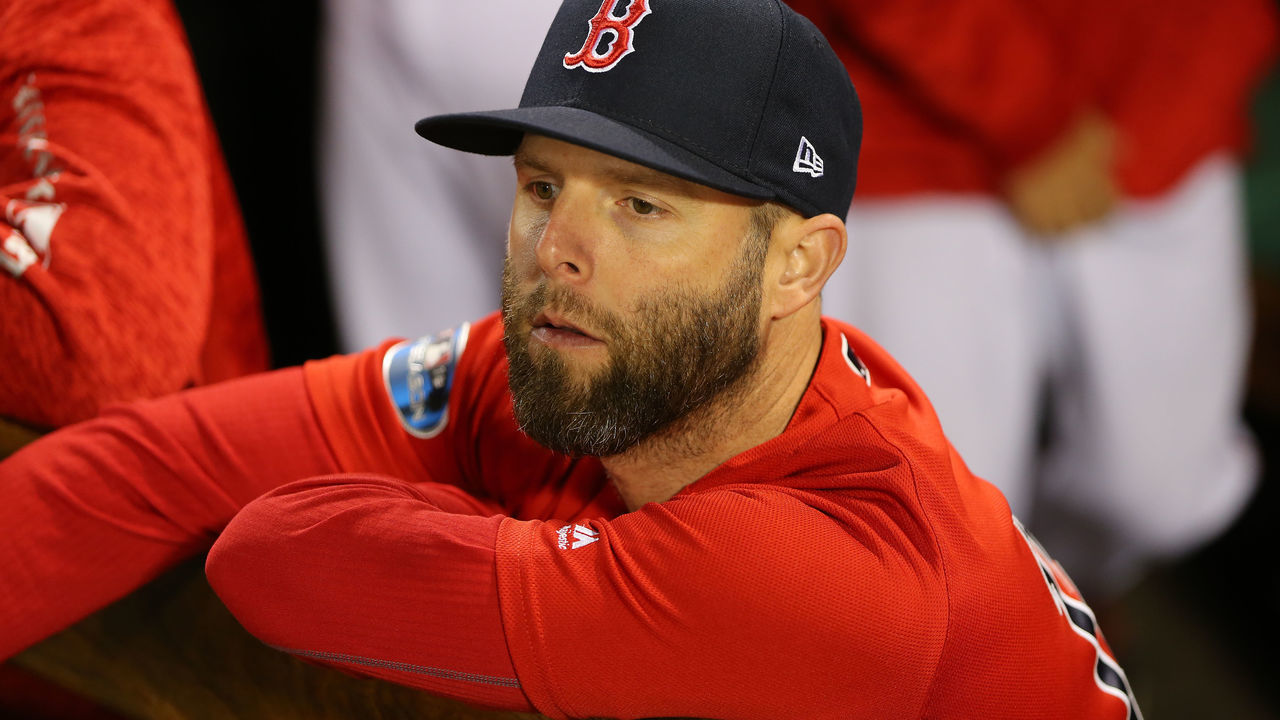 BOSTON, MA - OCTOBER 5: Dustin Pedroia in the dugout before the game. Boston Red Sox hosted the New York Yankees in the first game of the ALDS at Fenway Park in Boston on Oct. 05, 2018.