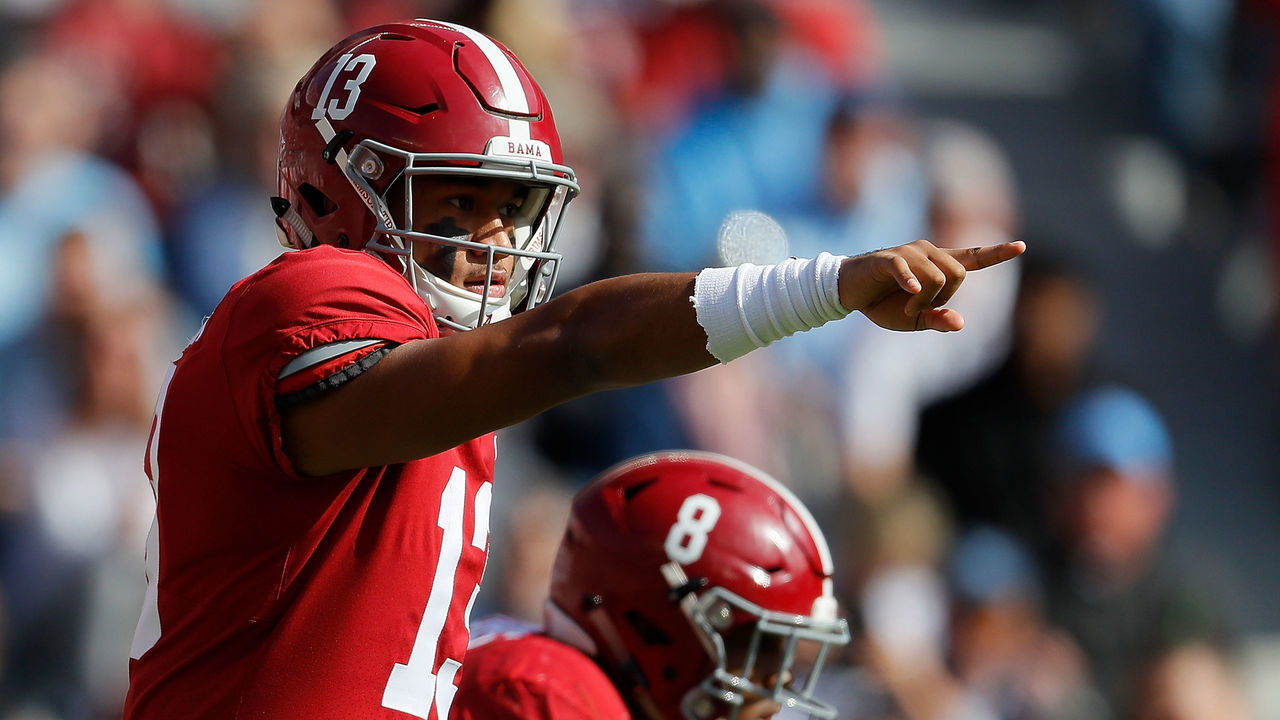 TUSCALOOSA, AL - NOVEMBER 17: Tua Tagovailoa #13 of the Alabama Crimson Tide runs the offense against the Citadel Bulldogs at Bryant-Denny Stadium on November 17, 2018 in Tuscaloosa, Alabama.