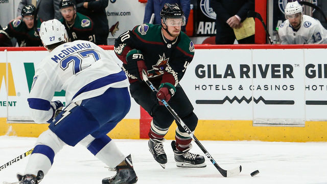 GLENDALE, AZ - OCTOBER 27: Arizona Coyotes right wing Michael Grabner (40) controls the puck during the NHL hockey game between the Tampa Bay Lightning and the Arizona Coyotes on October 27, 2018 at Gila River Arena in Glendale, Arizona.