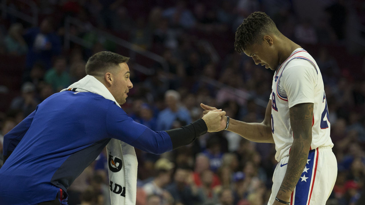 PHILADELPHIA, PA - SEPTEMBER 28: T.J. McConnell #12 and Markelle Fultz #20 of the Philadelphia 76ers celebrate at the end of the third quarter against Melbourne United in the preseason game at Wells Fargo Center on September 28, 2018 in Philadelphia, Pennsylvania.