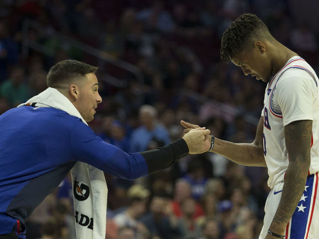 PHILADELPHIA, PA - SEPTEMBER 28: T.J. McConnell #12 and Markelle Fultz #20 of the Philadelphia 76ers celebrate at the end of the third quarter against Melbourne United in the preseason game at Wells Fargo Center on September 28, 2018 in Philadelphia, Pennsylvania.