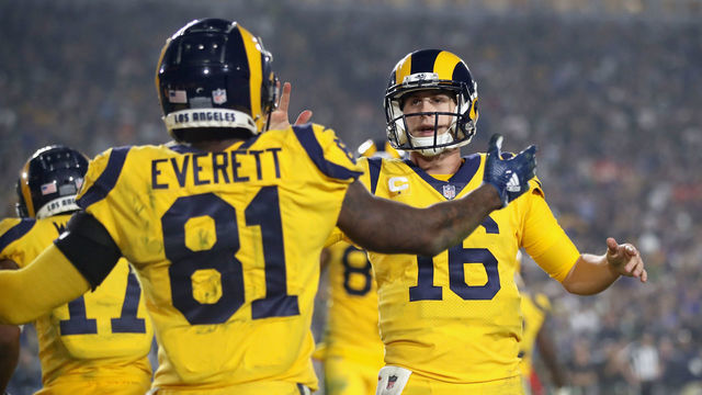 LOS ANGELES, CA - NOVEMBER 19: Quarterback Jared Goff #16 of the Los Angeles Rams celebrates a touchdown by teammate Gerald Everett #81 during the fourth quarter of the game against the Kansas City Chiefs at Los Angeles Memorial Coliseum on November 19, 2018 in Los Angeles, California.