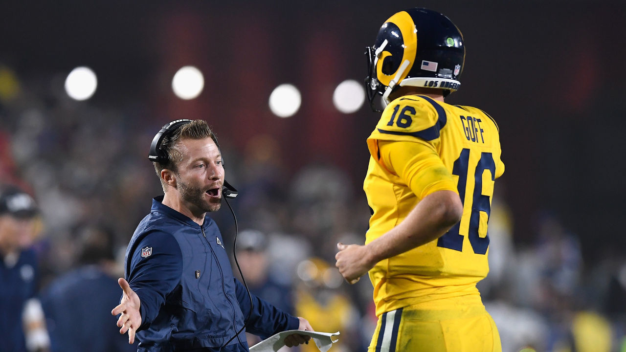 LOS ANGELES, CA - NOVEMBER 19: Head coach Sean McVay of the Los Angeles Rams celebrates a touchdown with quarterback Jared Goff #16 during the fourth quarter of the game against the Kansas City Chiefs at Los Angeles Memorial Coliseum on November 19, 2018 in Los Angeles, California.
