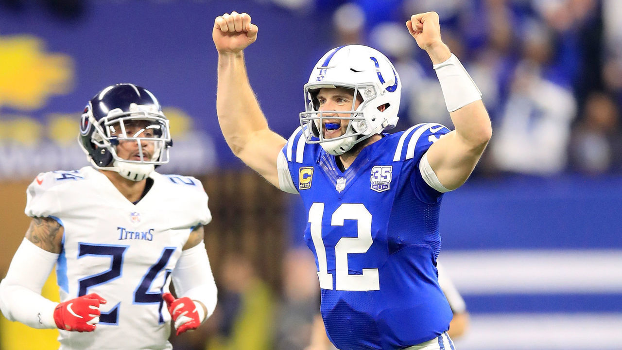 INDIANAPOLIS, IN - NOVEMBER 18: Andrew Luck #12 of the Indianapolis Colts celebrates after a touch down against the Tennessee Titans at Lucas Oil Stadium on November 18, 2018 in Indianapolis, Indiana.