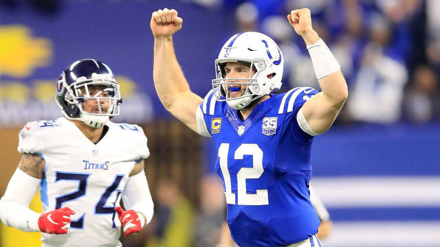 INDIANAPOLIS, IN - NOVEMBER 18: Andrew Luck #12 of the Indianapolis Colts celebrates after a touch down against the Tennessee Titans at Lucas Oil Stadium on November 18, 2018 in Indianapolis, Indiana.