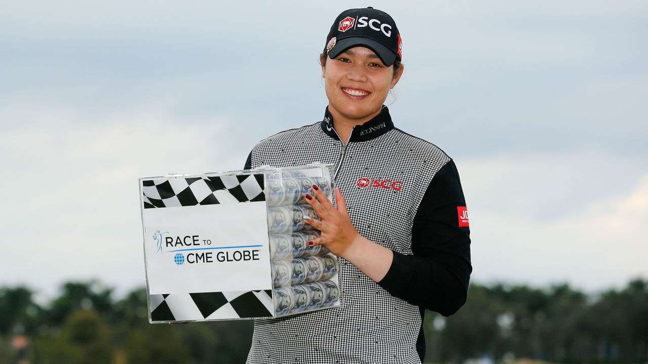 NAPLES, FL - NOVEMBER 18: Ariya Jutanugarn of Thailand poses for a photo with the Race to the CME Globe Money Box after the final round of the LPGA CME Group Tour Championship at Tiburon Golf Club on November 18, 2018 in Naples, Florida.