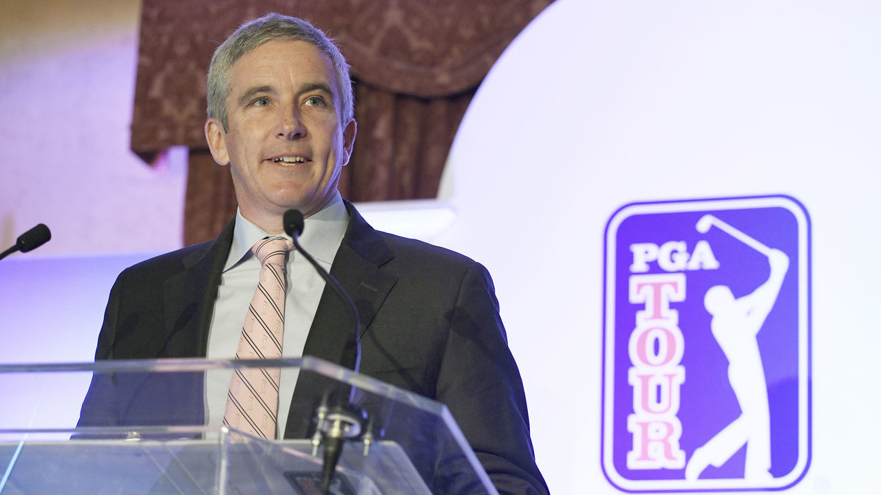PONTE VEDRA BEACH, FL - JANUARY 19: PGA TOUR Commissioner Jay Monahan addresses the media and employees during the PGA TOUR Global Home press conference at TPC Sawgrass on January 19, 2018 in Ponte Vedra Beach, Florida. The PGA TOUR unveiled the plans for a new 187,000 square-foot headquarters, which is expected to be completed in 2020.