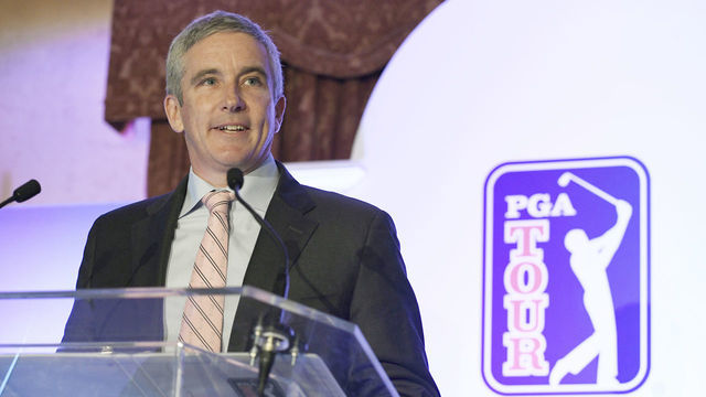 PONTE VEDRA BEACH, FL - JANUARY 19: PGA TOUR Commissioner Jay Monahan addresses the media and employees during the PGA TOUR Global Home press conference at TPC Sawgrass on January 19, 2018 in Ponte Vedra Beach, Florida. The PGA TOUR unveiled the plans for a new 187,000 square-foot headquarters, which is expected to be completed in 2020.
