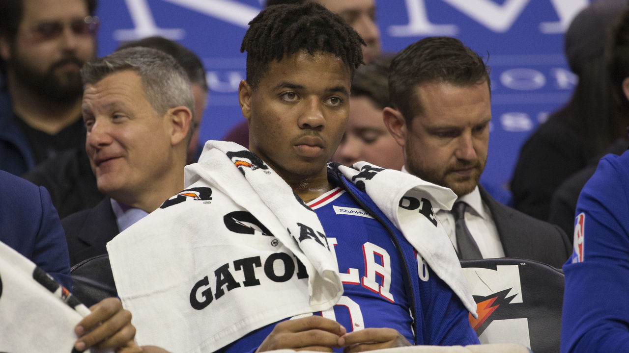 PHILADELPHIA, PA - NOVEMBER 19: Markelle Fultz #20 of the Philadelphia 76ers watches the game from the bench in the second quarter against the Phoenix Suns at the Wells Fargo Center on November 19, 2018 in Philadelphia, Pennsylvania. The 76ers defeated the Suns 119-114.