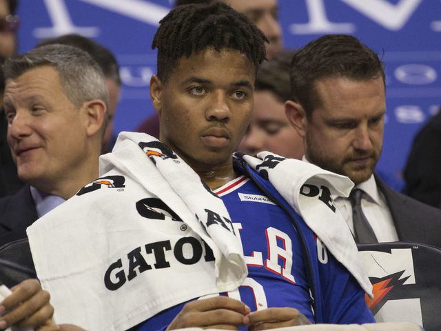 PHILADELPHIA, PA - NOVEMBER 19: Markelle Fultz #20 of the Philadelphia 76ers watches the game from the bench in the second quarter against the Phoenix Suns at the Wells Fargo Center on November 19, 2018 in Philadelphia, Pennsylvania. The 76ers defeated the Suns 119-114.