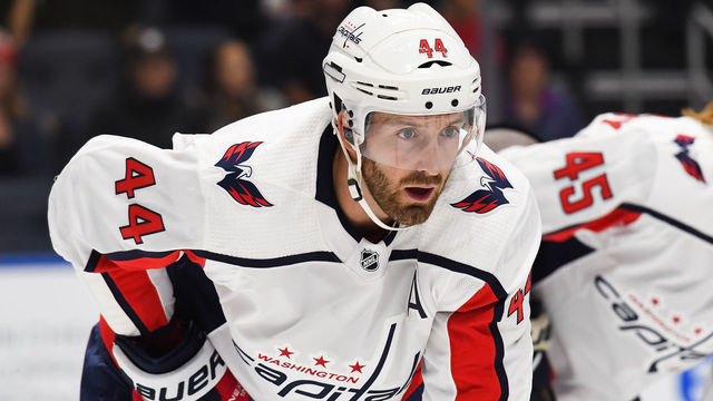 QUEBEC CITY, QC - SEPTEMBER 20: Washington Capitals defenceman Brooks Orpik (44) waits for a faceoff during the Washington Capitals versus the Montreal Canadiens preseason game on September 20, 2018, at Centre Videotron in Quebec City, QC