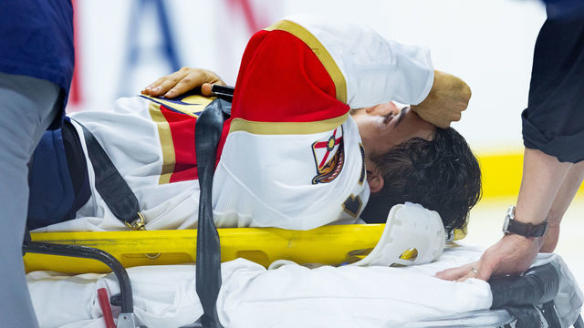 OTTAWA, ON - NOVEMBER 19: Florida Panthers Center Vincent Trocheck (21) is taken off the ice on a stretcher during first period National Hockey League action between the Florida Panthers and Ottawa Senators on November 19, 2018, at Canadian Tire Centre in Ottawa, ON, Canada.
