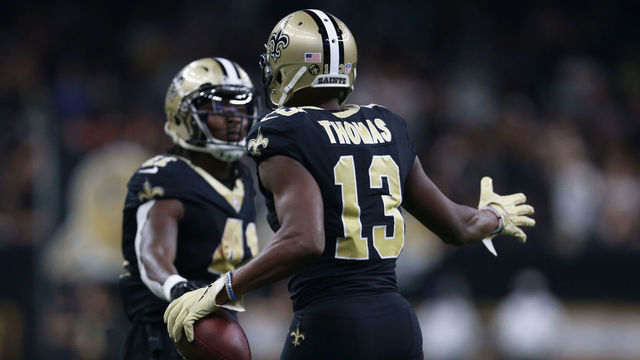 NEW ORLEANS, LA - SEPTEMBER 16: Michael Thomas #13 of the New Orleans Saints celebrates with Alvin Kamara #41 of the New Orleans Saints after scoring a tochdown during the fourth quarter against the Cleveland Browns at Mercedes-Benz Superdome on September 16, 2018 in New Orleans, Louisiana.