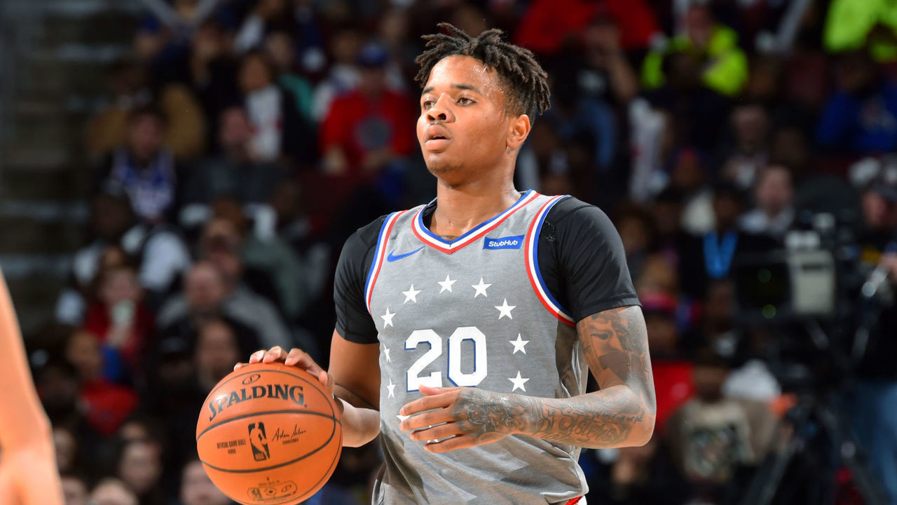 PHILADELPHIA, PA - NOVEMBER 16: Markelle Fultz #20 of the Philadelphia 76ers handles the ball against the Utah Jazz on November 16, 2018 at Wells Fargo Center in Philadelphia, Pennsylvania. NOTE TO USER: User expressly acknowledges and agrees that, by downloading and/or using this photograph, user is consenting to the terms and conditions of the Getty Images License Agreement. Mandatory Copyright Notice: Copyright 2018 NBAE