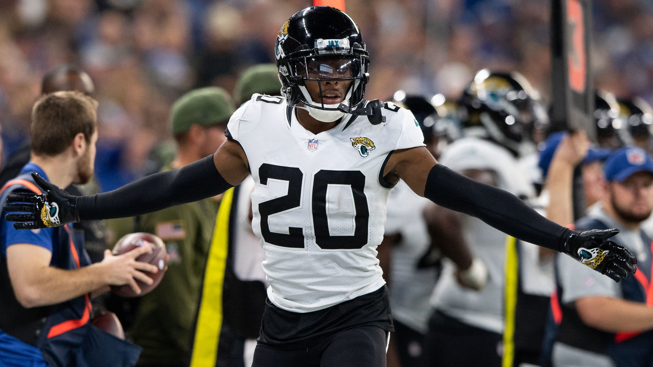 INDIANAPOLIS, IN - NOVEMBER 11: Jacksonville Jaguars cornerback Jalen Ramsey (20) celebrates after breaking up a pass during the NFL game between the Indianapolis Colts and Jacksonville Jaguars on November 11, 2018, at Lucas Oil Stadium in Indianapolis, IN.
