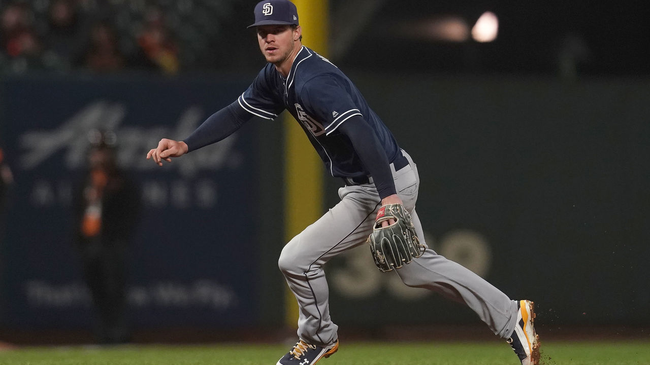 SAN FRANCISCO, CA - SEPTEMBER 25: Wil Myers #4 of the San Diego Padres reacts to a ground ball off the bat of Gorkys Hernandez #7 of the San Francisco Giants in the bottom of the seventh inning at AT&T Park on September 25, 2018 in San Francisco, California.