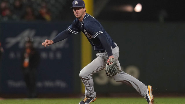 SAN FRANCISCO, CA - SEPTEMBER 25: Wil Myers #4 of the San Diego Padres reacts to a ground ball off the bat of Gorkys Hernandez #7 of the San Francisco Giants in the bottom of the seventh inning at AT&T Park on September 25, 2018 in San Francisco, California.