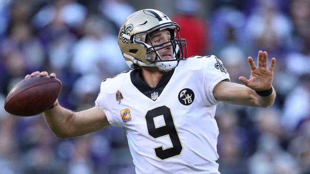 BALTIMORE, MD - OCTOBER 21: Quarterback Drew Brees #9 of the New Orleans Saints looks to pass against the Baltimore Ravens at M&T Bank Stadium on October 21, 2018 in Baltimore, Maryland.