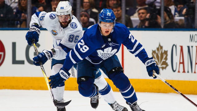 TORONTO, ON - JANUARY 2: William Nylander #29 of the Toronto Maple Leafs skates against Nikita Kucherov #86 of the Tampa Bay Lightning during the first period at the Air Canada Centre on January 2, 2018 in Toronto, Ontario, Canada.