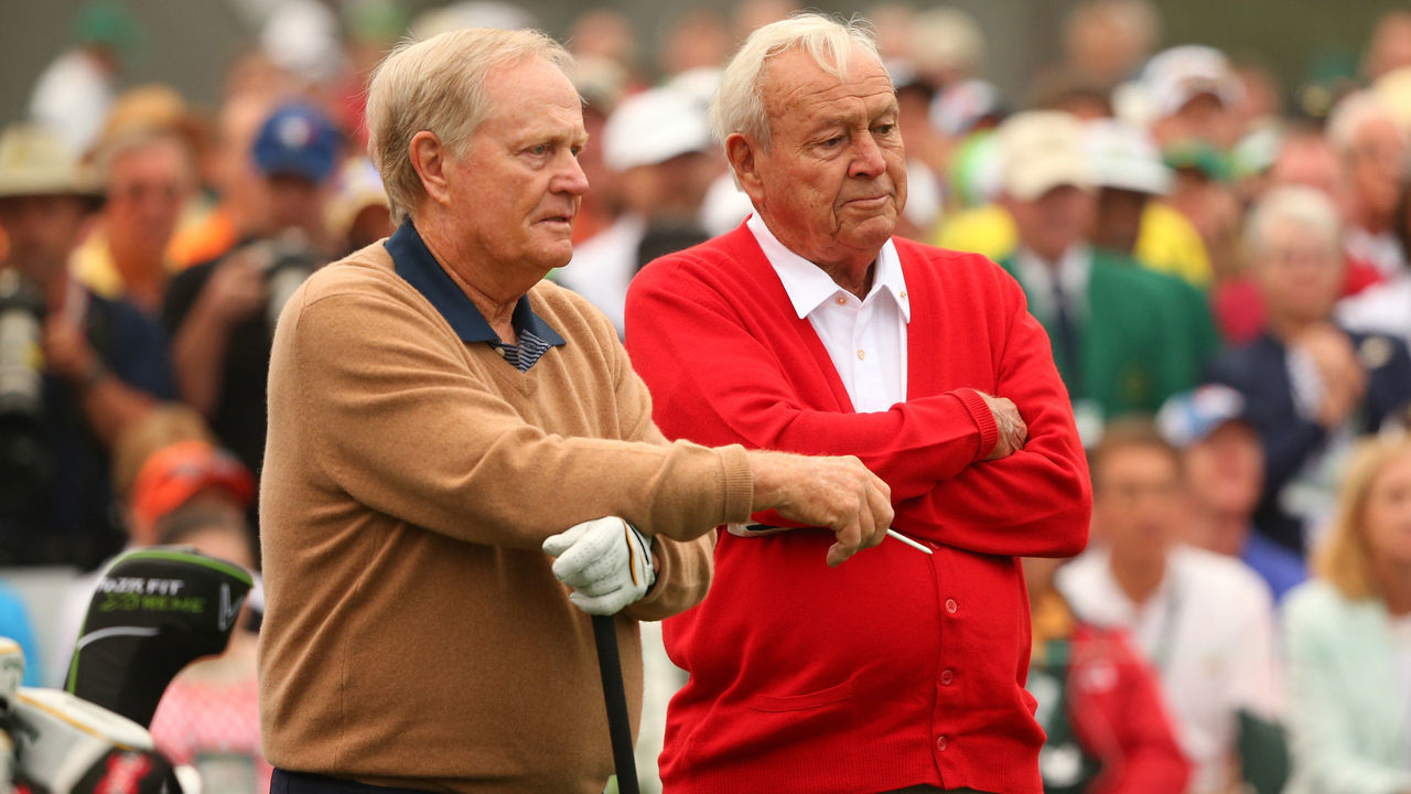 AUGUSTA, GA - APRIL 11: Honorary starters Jack Nicklaus and Arnold Palmer of the United States talk before Gary Player of South Africa (not seen) tees off to start the first round of the 2013 Masters Tournament at Augusta National Golf Club on April 11, 2013 in Augusta, Georgia.