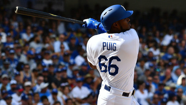 LOS ANGELES, CA - OCTOBER 01: Los Angeles Dodgers right fielder Yasiel Puig (66) swings at a pitch during the National League West division tiebreaker game between the Colorado Rockies and the Los Angeles Dodgers on October 1, 2018 at Dodger Stadium in Los Angeles, CA.