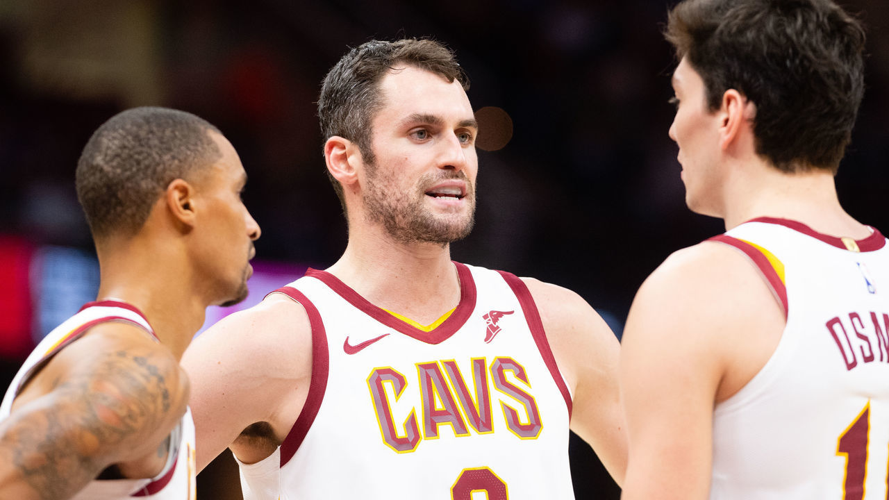 CLEVELAND, OH - OCTOBER 24: Kevin Love #0 of the Cleveland Cavaliers talks with George Hill #3 and Cedi Osman #16 during the second half against the Brooklyn Nets at Quicken Loans Arena on October 24, 2018 in Cleveland, Ohio. NOTE TO USER: User expressly acknowledges and agrees that, by downloading and/or using this photograph, user is consenting to the terms and conditions of the Getty Images License Agreement.