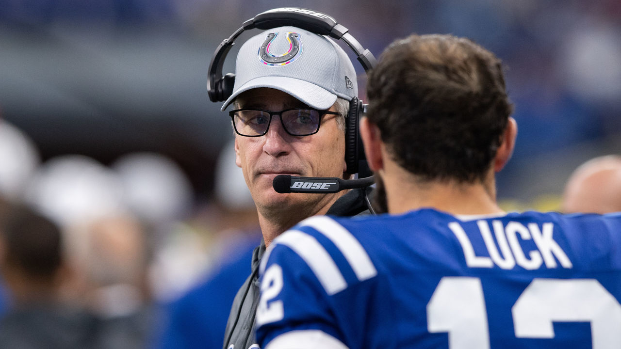 INDIANAPOLIS, IN - OCTOBER 21: Indianapolis Colts head coach Frank Reich talks to Indianapolis Colts quarterback Andrew Luck (12) on the sidelines during the NFL game between the Indianapolis Colts and Buffalo Bills on October 21, 2018, at Lucas Oil Stadium in Indianapolis, IN.