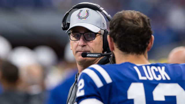 INDIANAPOLIS, IN - OCTOBER 21: Indianapolis Colts head coach Frank Reich talks to Indianapolis Colts quarterback Andrew Luck (12) on the sidelines during the NFL game between the Indianapolis Colts and Buffalo Bills on October 21, 2018, at Lucas Oil Stadium in Indianapolis, IN.