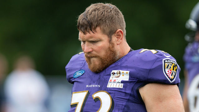 WESTFIELD, IN - AUGUST 17: Baltimore Ravens tackle Marshal Yanda (73) warms up before the Indianapolis Colts joint training camp practice with the Baltimore Ravens on August 17, 2018 at the Grand Park Sports Campus in Westfield, IN.