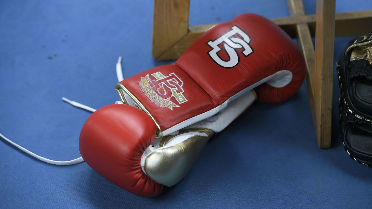 LOS ANGELES, CA - OCTOBER 25: Closeup view of the boxing gloves belonging to Lineal Heavyweight Champion Tyson Fury during a work out session in front of Los Angeles media in advance of his highly anticipated WBC Heavyweight World Championship against undefeated WBC World Champion Deontay Wilder on December 1at Churchill Boxing Club on October 25, 2018 in Los Angeles, California.