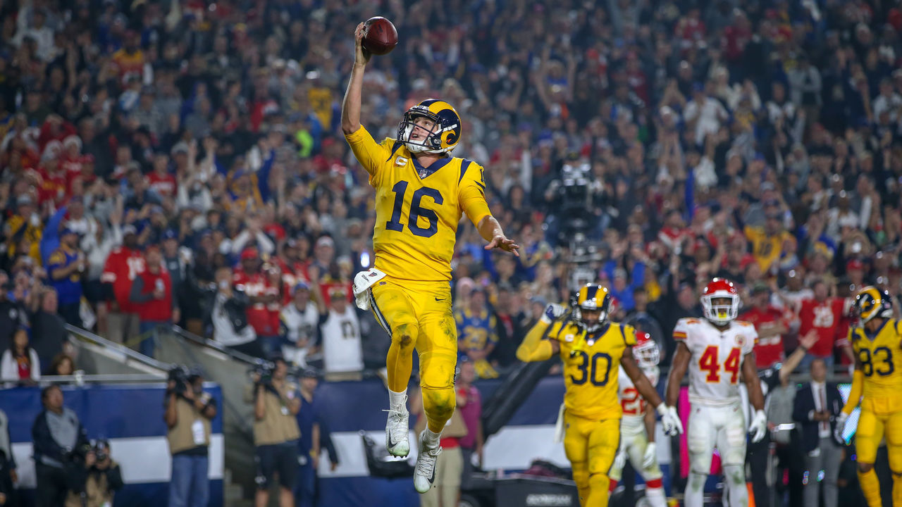LOS ANGELES, CA - NOVEMBER 19: Los Angeles Rams quarterback Jared Goff (16) lays up the ball during a NFL game between the Kansas City Chiefs and the Los Angeles Rams on November 19, 2018, at the Los Angeles Memorial Coliseum in Los Angeles, CA.