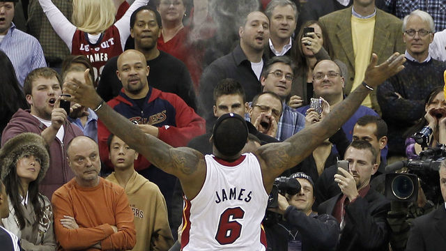 CLEVELAND, OH - DECEMBER 02: LeBron James #6 of the Miami Heat throws powder in the air prior to playing the Cleveland Cavaliers at Quicken Loans Arena on December 2, 2010 in Cleveland, Ohio.