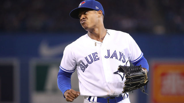 TORONTO, ON - AUGUST 7: Marcus Stroman #6 of the Toronto Blue Jays turns after getting an out at first base in the sixth inning during MLB game action against the Boston Red Sox at Rogers Centre on August 7, 2018 in Toronto, Canada.