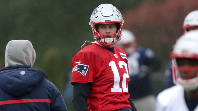 FOXBOROUGH, MA - NOVEMBER 20: New England Patriots quarterback Tom Brady (12) is pictured among teammates during New England Patriots practice at the Gillette Stadium practice facility in Foxborough, MA on Nov. 20, 2018.