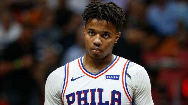 MIAMI, FL - NOVEMBER 12: Markelle Fultz #20 of the Philadelphia 76ers in action against the Miami Heat during the second half at American Airlines Arena on November 12, 2018 in Miami, Florida.