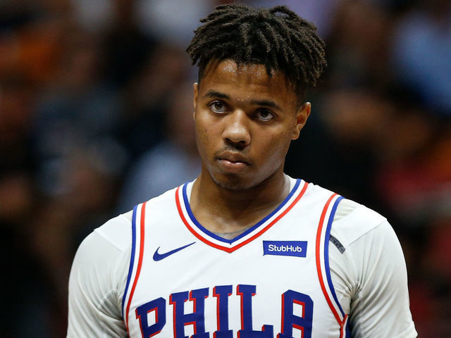 MIAMI, FL - NOVEMBER 12: Markelle Fultz #20 of the Philadelphia 76ers in action against the Miami Heat during the second half at American Airlines Arena on November 12, 2018 in Miami, Florida.