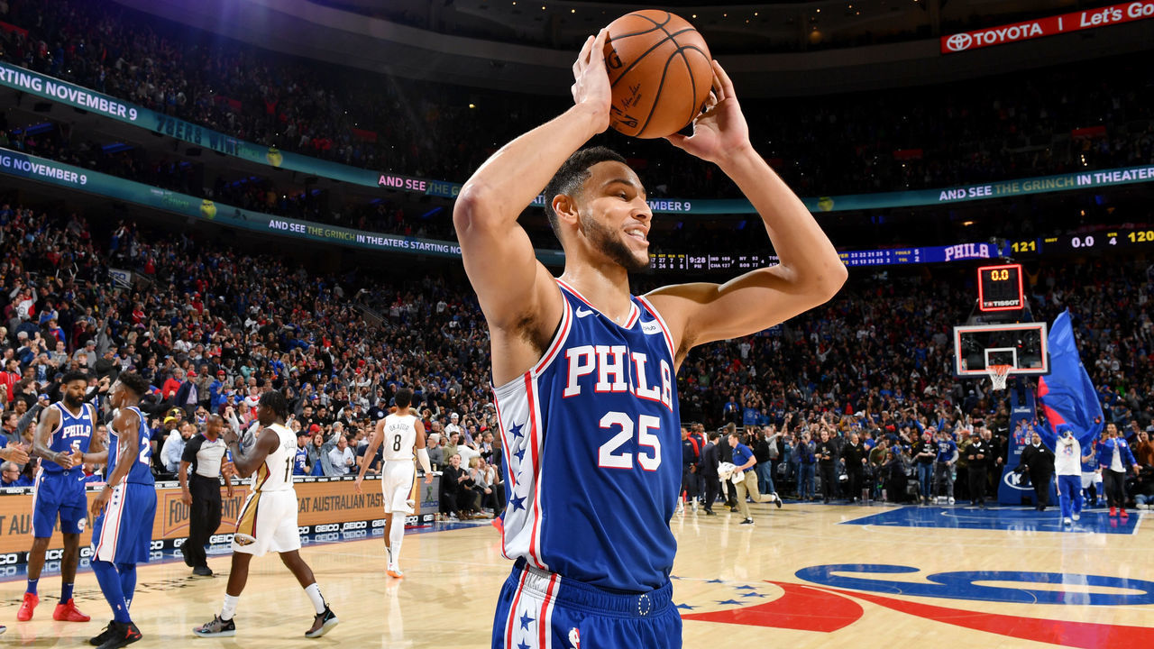 PHILADELPHIA, PA - NOVEMBER 21: Ben Simmons #25 of the Philadelphia 76ers after the game against the New Orleans Pelicans on November 21, 2018 at Wells Fargo Center in Philadelphia, Pennsylvania. NOTE TO USER: User expressly acknowledges and agrees that, by downloading and/or using this photograph, user is consenting to the terms and conditions of the Getty Images License Agreement. Mandatory Copyright Notice: Copyright 2018 NBAE