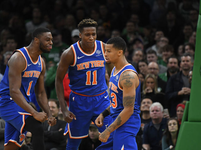 BOSTON, MA - NOVEMBER 21: Emmanuel Mudiay #1, Frank Ntilikina #11 and Trey Burke #23 of the New York Knicks react during a game against the Boston Celtics on November 21, 2018 at TD Garden in Boston, Massachusetts. NOTE TO USER: User expressly acknowledges and agrees that, by downloading and/or using this Photograph, user is consenting to the terms and conditions of the Getty Images License Agreement. Mandatory Copyright Notice: Copyright 2018 NBAE