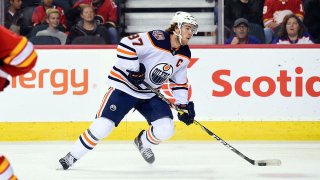 CALGARY, AB - NOVEMBER 17: Edmonton Oilers Center Connor McDavid (97) skates during the second period of an NHL game where the Calgary Flames hosted the Edmonton Oilers on November 17, 2018, at the Scotiabank Saddledome in Calgary, AB.