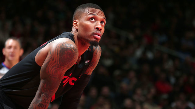 WASHINGTON, DC - NOVEMBER 18: Damian Lillard #0 of the Portland Trail Blazers looks on against the Washington Wizards on November 18, 2018 at Capital One Arena in Washington, DC. NOTE TO USER: User expressly acknowledges and agrees that, by downloading and/or using this photograph, user is consenting to the terms and conditions of the Getty Images License Agreement. Mandatory Copyright Notice: Copyright 2018 NBAE