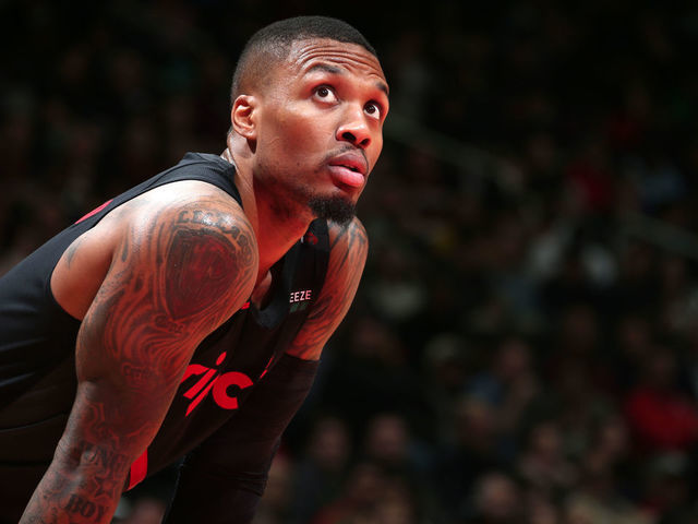 WASHINGTON, DC - NOVEMBER 18: Damian Lillard #0 of the Portland Trail Blazers looks on against the Washington Wizards on November 18, 2018 at Capital One Arena in Washington, DC. NOTE TO USER: User expressly acknowledges and agrees that, by downloading and/or using this photograph, user is consenting to the terms and conditions of the Getty Images License Agreement. Mandatory Copyright Notice: Copyright 2018 NBAE