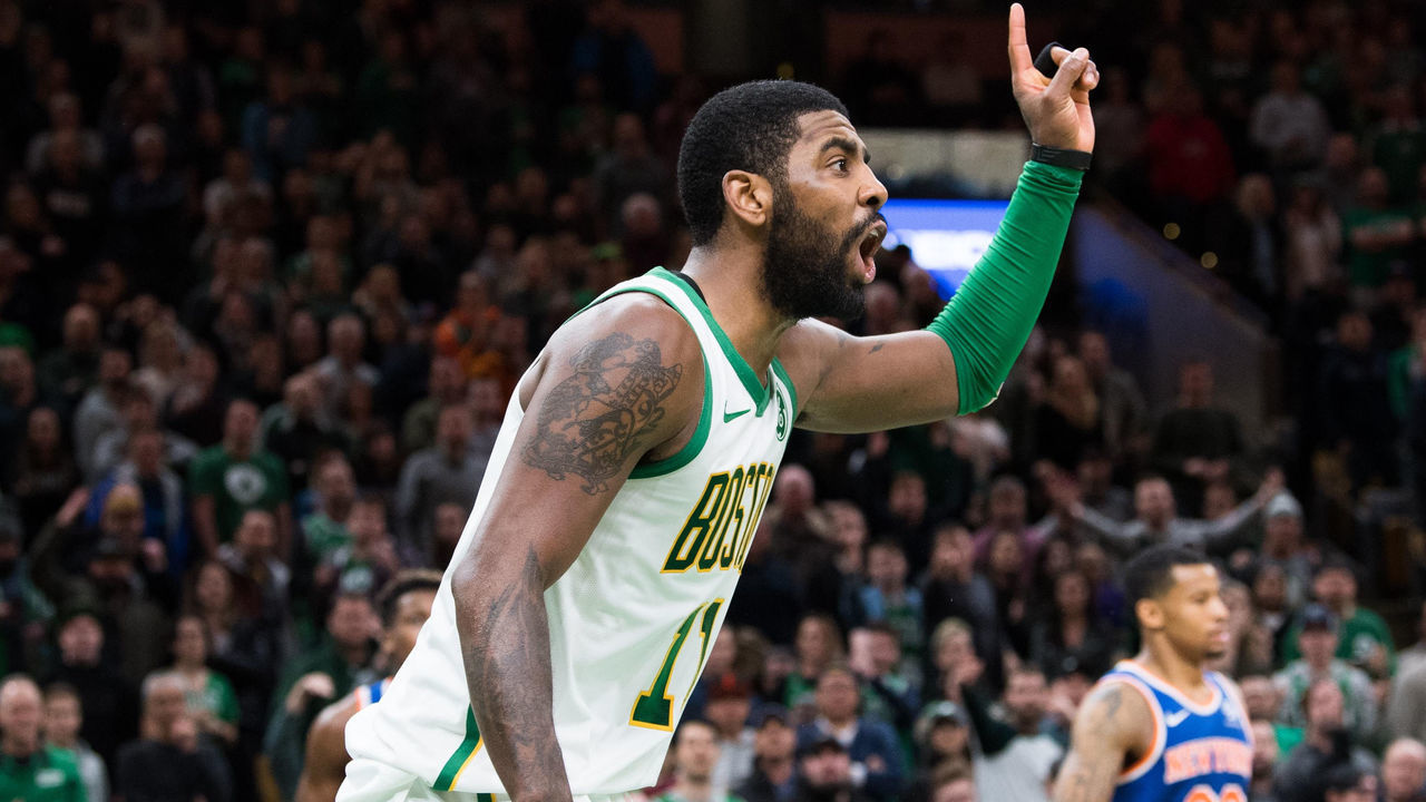 BOSTON, MA - NOVEMBER 21: Kyrie Irving #11 of the Boston Celtics yells out in frustration during a game against the New York Knicks at TD Garden on November 21, 2018 in Boston, Massachusetts.