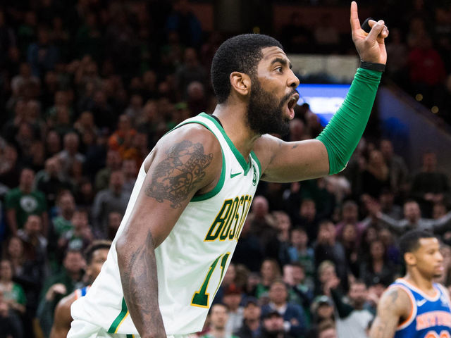 BOSTON, MA - NOVEMBER 21: Kyrie Irving #11 of the Boston Celtics yells out in frustration during a game against the New York Knicks at TD Garden on November 21, 2018 in Boston, Massachusetts.