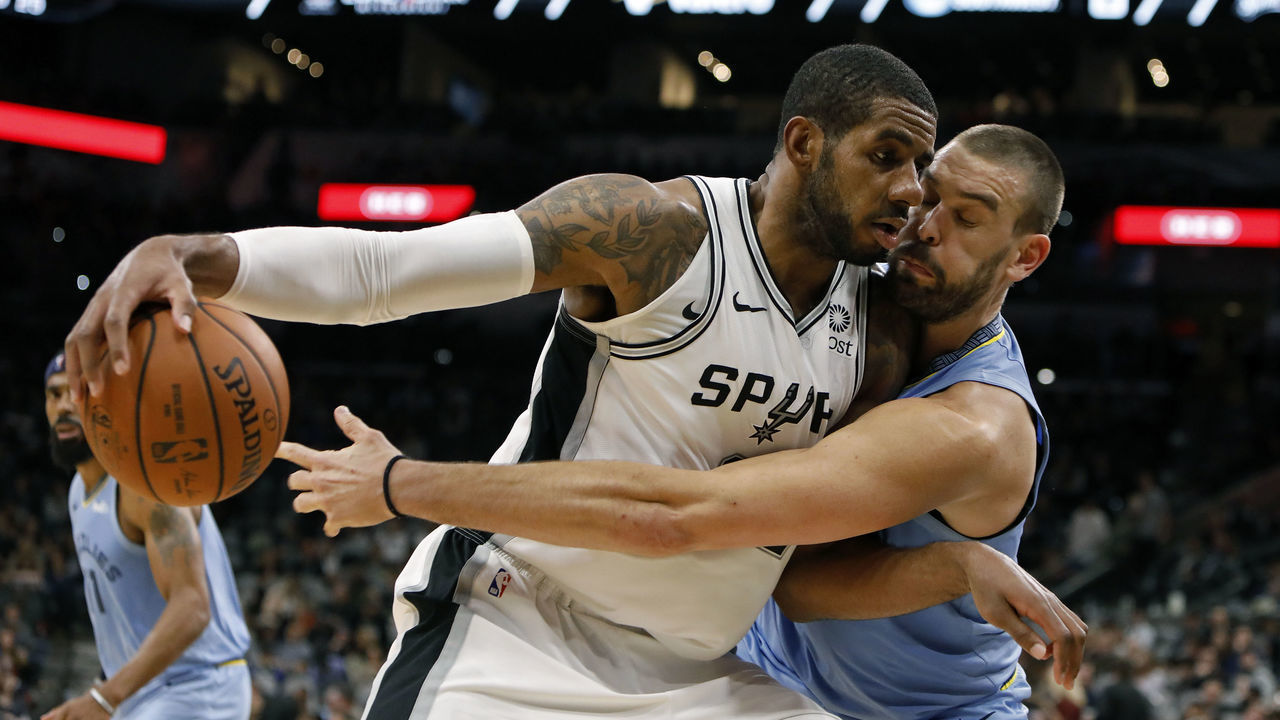SAN ANTONIO, TX - NOVEMBER 21: LaMarcus Aldridge #12 of the San Antonio Spurs looks for room around Marc Gasol #33 of the Memphis Grizzlies during an NBA game on November 21, 2018 at the AT&T Center in San Antonio, Texas. The Memphis Grizzlies won 104-103.