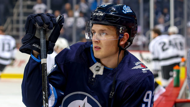 WINNIPEG, MB - OCTOBER 9: Kristian Vesalainen #93 of the Winnipeg Jets looks on during the pre-game warm up prior to NHL action against the Los Angeles Kings at the Bell MTS Place on October 9, 2018 in Winnipeg, Manitoba, Canada.
