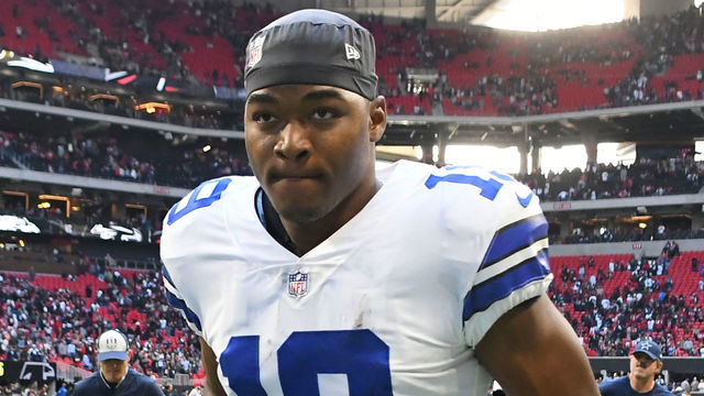 ATLANTA, GA - NOVEMBER 18: A victorious Dallas Cowboys Wide Receiver Amari Cooper (19) walks off the field after the game between the Dallas Cowboys and the Atlanta Falcons on November 18, 2018, at Mercedes-Benz Stadium in Atlanta, Ga.