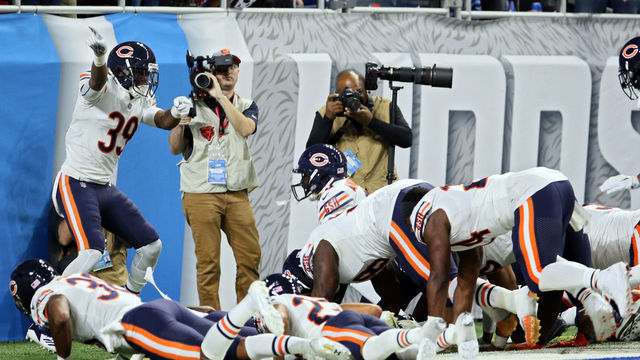 Chicago Bears free safety Eddie Jackson (39) celebrates with his teammates after he made a touchdown during the second half of an NFL football game against the Chicago Bears in Detroit, Michigan USA, on Thursday, November 22, 2018.
