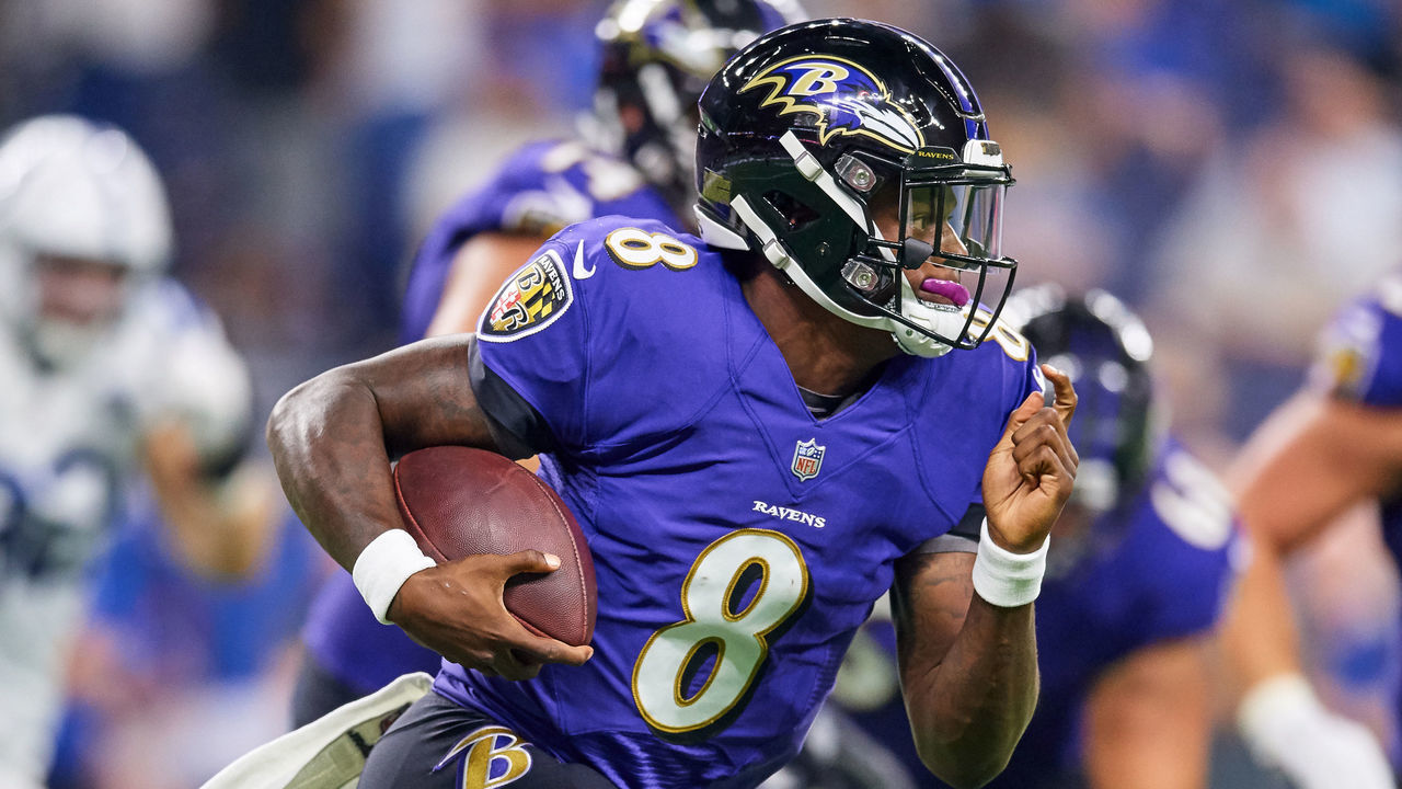 INDIANAPOLIS, IN - AUGUST 20: Baltimore Ravens quarterback Lamar Jackson (8) runs with the football in action during the preseason NFL game between the Indianapolis Colts and the Baltimore Ravens on August 20, 2018 at Lucas Oil Stadium in Indianapolis, Indiana.